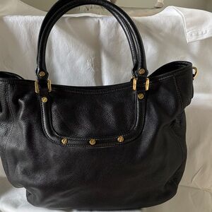 Classic Black Leather Tote with Gold Accent Hardware. Shoulder strap missing.